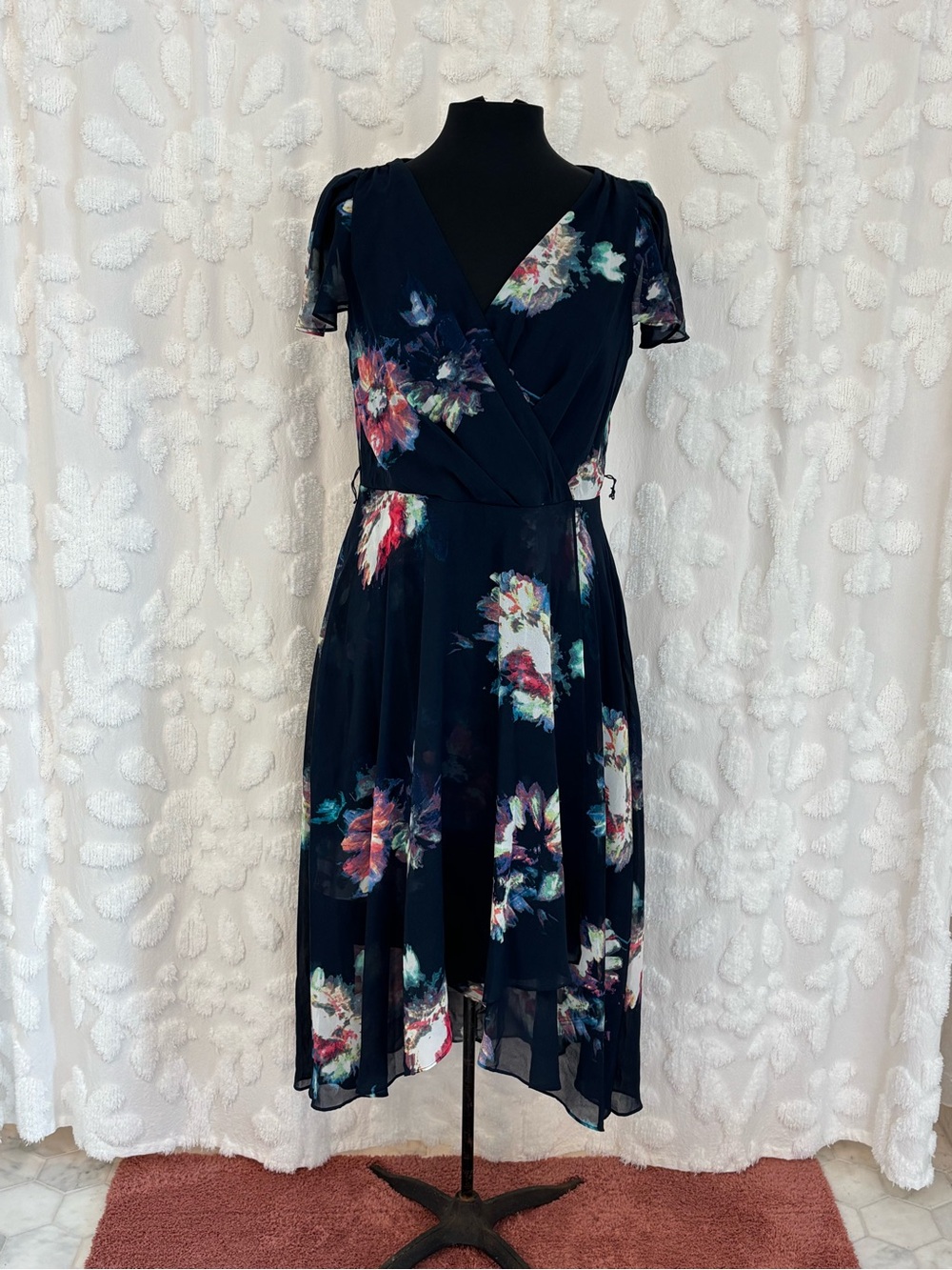 DKNY Navy Floral Midi Dress with Deep V Neckline